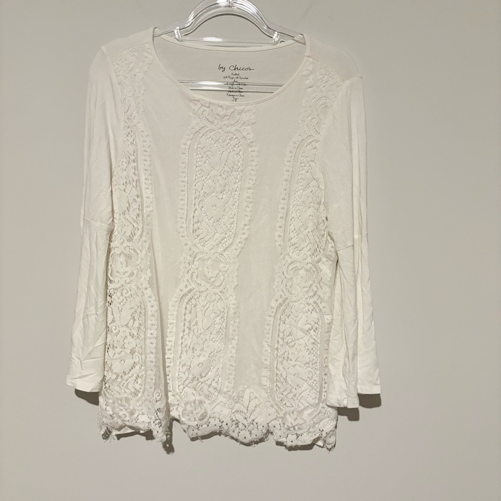Chico's Lace Front Flare Sleeve Top Ecru‎ Ivory size 1